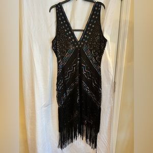 Black, deep plunge, multicolored, sequins dress
